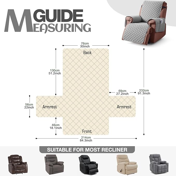 KinCam 100% Waterproof Recliner Chair Cover, Reclining Couch Covers for Pets, Dogs, Recliner Couch Slipcover Furniture Protector with Elastic Straps for Kids(30", Light Gray)
