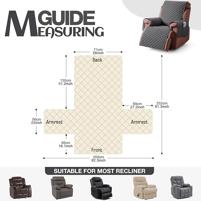 KinCam 100% Waterproof Recliner Chair Cover, Reclining Couch Covers for Pets, Dogs, Recliner Couch Slipcover Furniture Protector with Elastic Straps for Kids(28", Charcoal Gray)