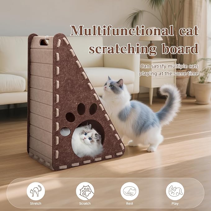 Cat Scratcher, Triangle Felt Cat Scratcher(Cat House), Vertical Integrated 3 in 1 Ramp Vertical Felt Cat Board(Brown Gray)
