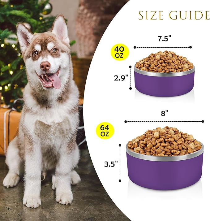 LIHONG Stainless Steel Dog Bowls for Large Dogs,Dog Food Water Bowls with Non Slip Rubber Bottom,Pet Feeding Bowl,Double Wall Insulated,Rustproof(64oz,Purple)
