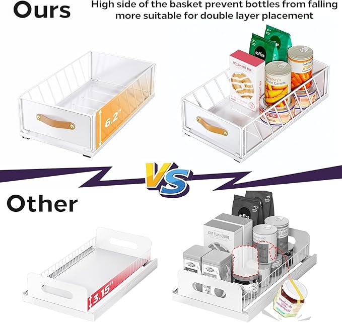 Pull out Cabinet Organizer Fixed with Adhesive Nano Film,Heavy Duty Slide out Pantry Shelves Drawer Storage,Sliding Mesh Basket with Handle for Kitchen, Bathroom,Home, 11.8W"X 15.7D"X6.2"H(4PCS)