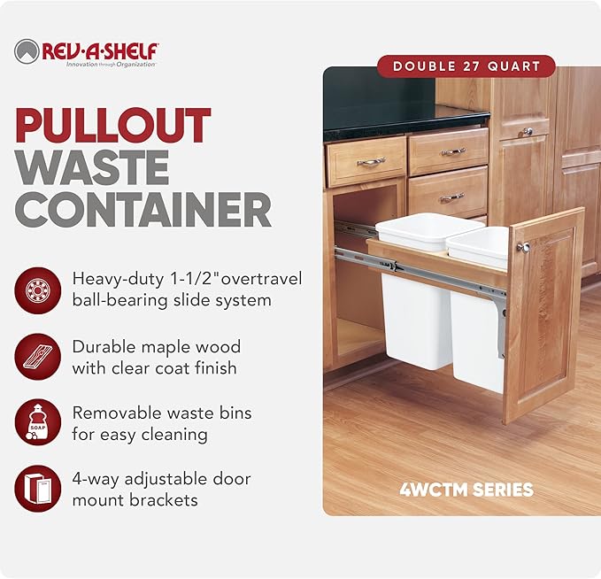 Rev-A-Shelf Top Mount Double Pullout Under Cabinet 27 Quart Kitchen Trash Cans with 150 Pound Rated Full-Extension Slides, 4WCTM-15DM2
