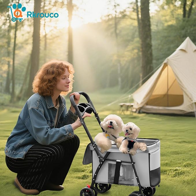 Foldable Pet Stroller for Small Medium Cat Dogs Portable Pets Carriers Strollers with 4 Wheels Up to 55Lbs Puppy Strolling Cart Travel (Gray)
