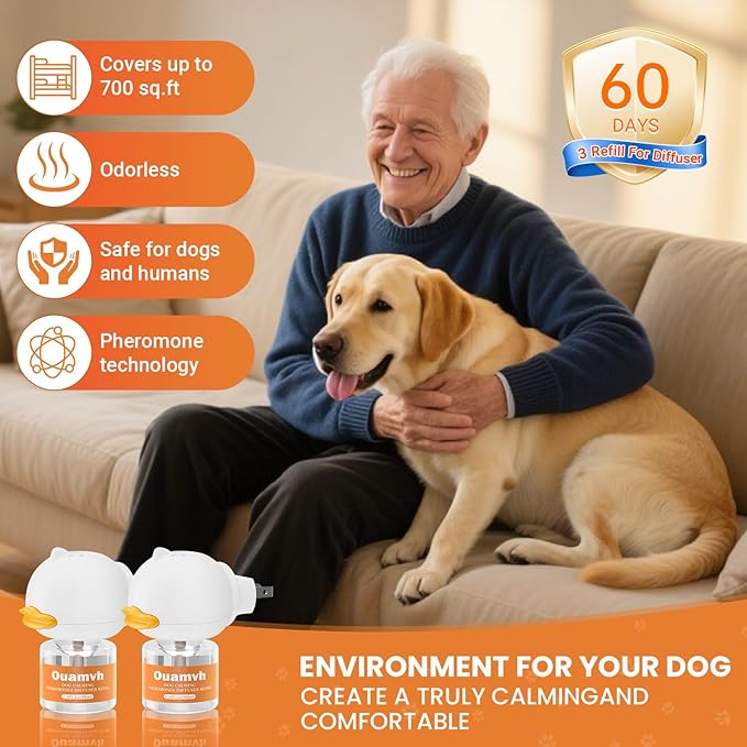 Dog Calming Diffuser, 4 in 1 Puppy Pheromones Calming Diffuser, Relaxing Pheromone Plug in Kit for Dogs Relief Stress Anxiety Fighting Scratching Peeing Accidents, 2 Diffuser 2 Refill(48ml)