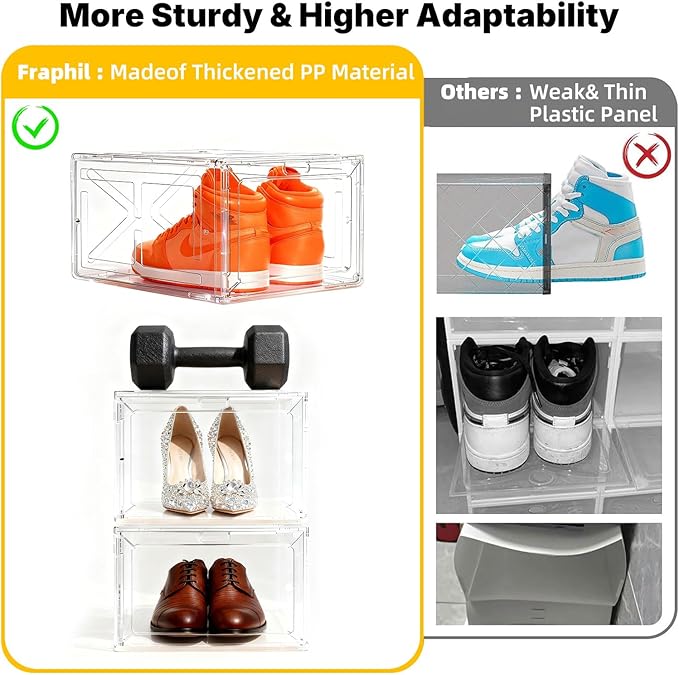 6 Pack Stackable Clear Shoe Boxes with Black Frame, Large Plastic Shoe Organizer Storage Bins for Sneakers & Boots, Magnetic Front Door, Space Saving Closet Shoe Case