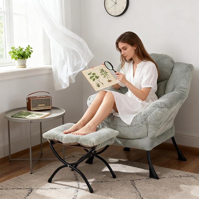 Welnow Lazy Chair with Ottoman, Modern Lounge Accent Chair with Armrests and a Side Pocket, Leisure Sofa Armchair, Reading Armchair with Footrest for Small Space, Plush Green