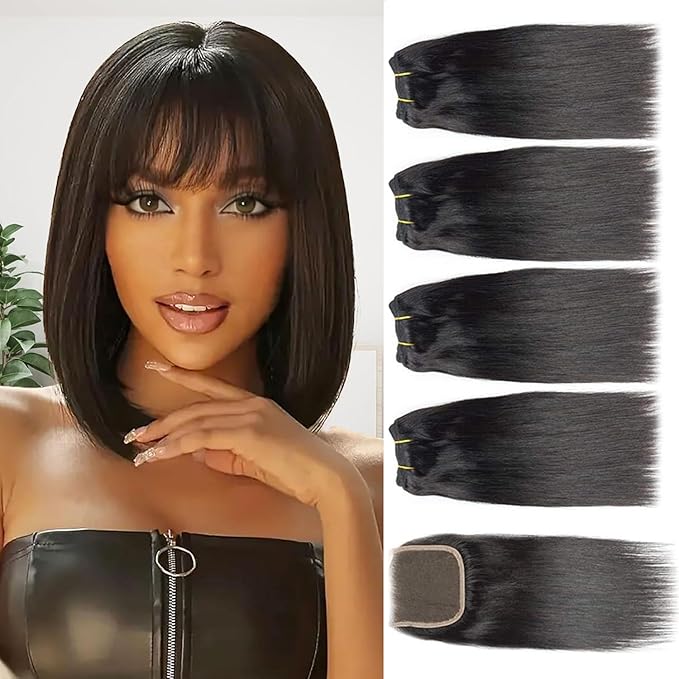 Selina Brazilian Virgin Hair 4 Bundles Human Hair 8 8 8 8 Inch With Lace Closure Human Hair 10 Inch Hair Extensions For Women Natural Black Color (8" 8“ 8” 8“ with 10" Closure)