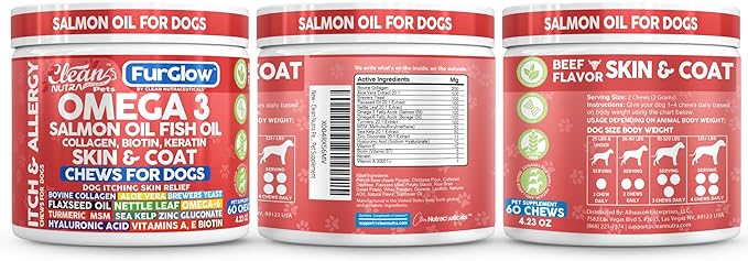 FurGlow Skin and Coat Supplement for Dogs Salmon Oil Omega 3 Fish Oil Turmeric Collagen Aloe Vera Flaxseed Oil Hyaluronic Acid Biotin Keratin Aloe Vera Allergy Relief Beef Flavor | Clean Nutra Pets