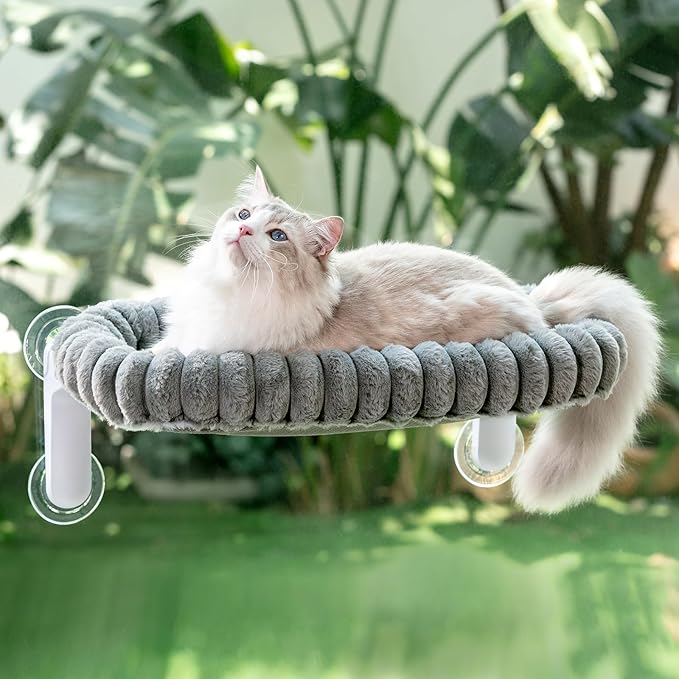 Sunhoo Cat Window Perch Bed Foldable Kitty Windowsill Hammock Shelf Seat Large Cats Suction Cup Indoor Kitten Window Sill Lounger with Soft Plush Cushion Machine Washable 21.26 * 11.8in (Grey，M)