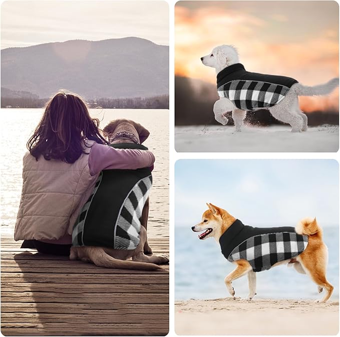 Kuoser Dog Winter Coat, Reversible Waterproof Dog Jacket with Reflective Strip, Warm Dogs Fleece Vest Adjustable Doggy Cold Weather Clothes Plaid Christmas Outfit Pet Apparel for Small Dogs, Black XS