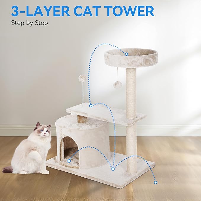 FluffyDream 31 Inch Small Cat Tree Tower for Indoor Cats, Plush Cat Tower with Large Condo, Deep Hammock and Sisal Scratching Post for Kittens, Beige