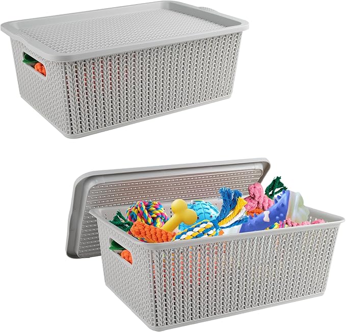 Geyecete Dog toy basket storage bins Stackable Plastic Pantry Bins with Lids Storage Basket torage bins with lids Pet/Pet Toy Storage Bin Doy Toy Box(2 PACK)