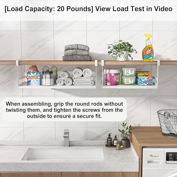 Expandable Under Cabinet Shelf Organizer with 0.94-Inch Thick Clips, Heavy Duty Extendable Under Shelf Storage Basket for Pantry or Laundry Room, White, 1 Pack, Interior: 4.13" H x 8.54" D
