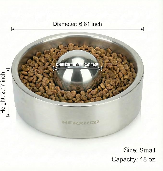 Stainless Steel Dog Slow Feeder – 2-in-1 Pet Bowl 18oz & Slow Feeder Ball 2.5in – Spherical Design Slows Eating & Use Separately or Together (Small)