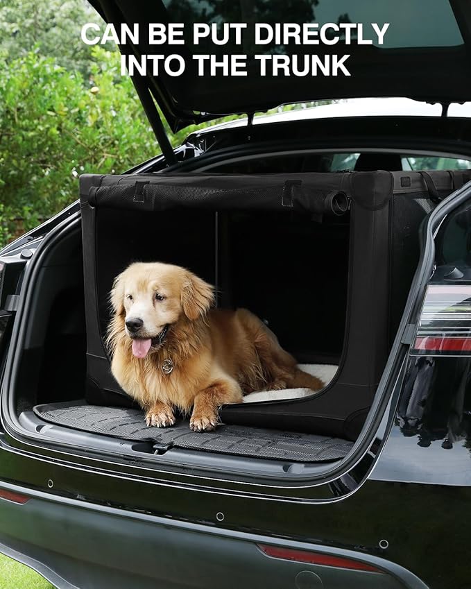 33-Inch Collapsible Travel Dog Crate, Portable 4-Door Soft Kennel for Medium to Large Dogs, Chew-Proof Mesh Windows, Indoor/Outdoor Use, Foldable, with Storage Bag (Black)