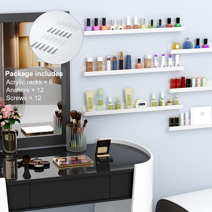 FEMELI Nail Polish Wall Rack: 6 Shelves 15 Inch White Acrylic Nail Polish Holder Organizer for 66-90 Bottles, Multi-Purpose Acrylic Floating Shelves (15 Inch, White)