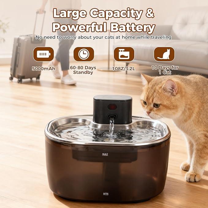 Pumpless Cat Water Fountain Stainless Steel, 108oz/3.2L Wireless Cat Dog Pet Fountain, 5000mAh Battery, Sensor, Timer and Continuous Water Modes, Suitable for Cats and Small Dogs Indoor