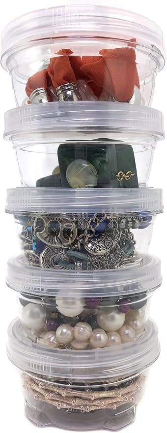 Storage Containers Clear Stackable Interlocking Detachable with Lid 5 for Beads Food Jewelry Coins Medicine Screws Nuts - 3 1/2" Round