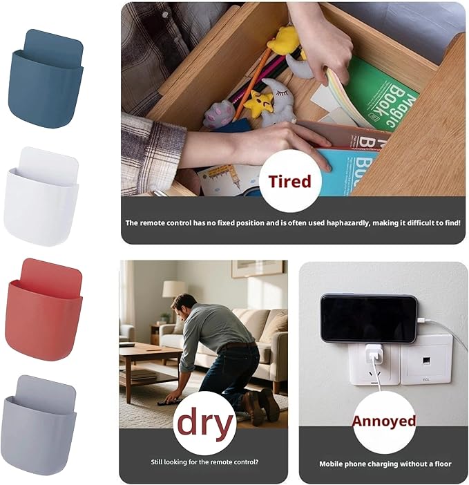 4-Pack Adhesive Wall Organizer, Multipurpose Stick-on Storage Box for Remote Phone Pen Keys, for Kitchen Bathroom Office (4 Colors) (Gray)