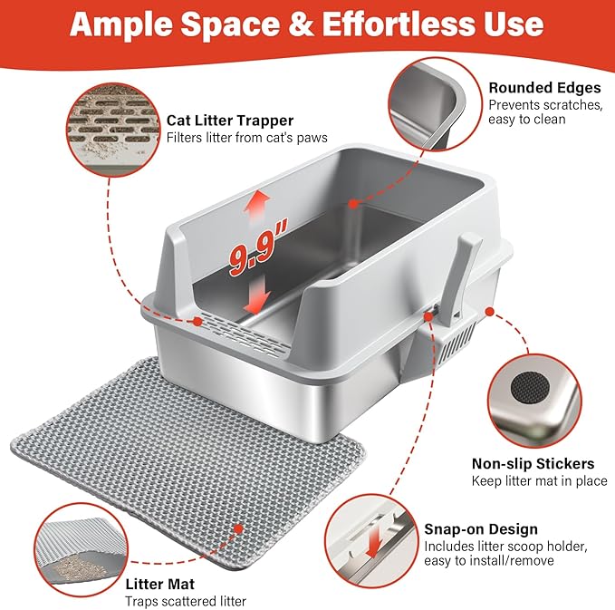 2PACK Stainless Steel Litter Box, Metal Litter Box with High Sides Lid, XL Large Cat Litter Boxes for Big Cats, Never Absorbs Odors, Anti-Urine Leakage, Easy Cleaning, Non-Stick, Include Scoop and Mat