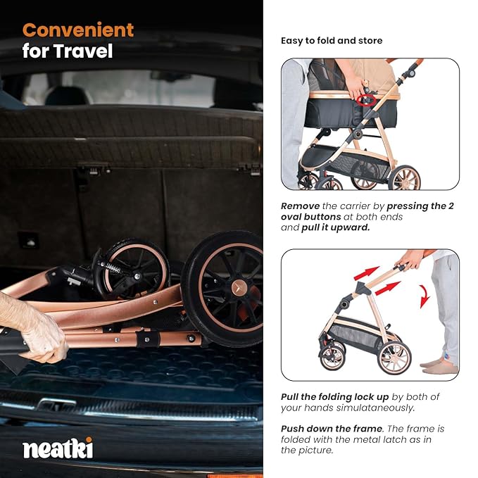 3 in 1 Pet Stroller for Small to Medium Dogs and Cats up to 55 lbs with Detachable Carrier/Car Seat, 34.44x24.21x 42.91, Foldable and Lightweight, Detachable Cushion + Cup Holder (Black/Gold)