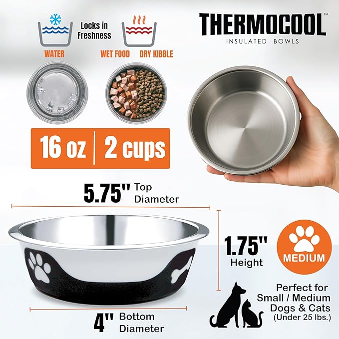 Thermocool Insulated Stainless Steel Pet Bowl - 16 Oz (Medium) Non-Slip Feeding Dish Reduces Sliding & Spills, Keeps Water Cold & Food Warm, Dishwasher Safe (Pink)