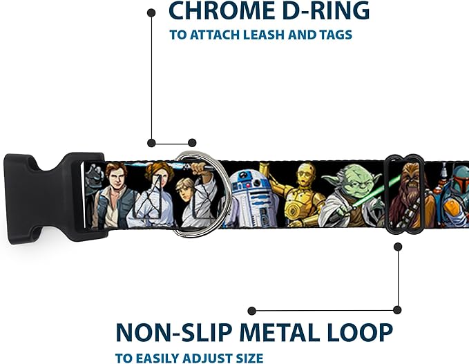 Star Wars Pet Collar, Dog Collar Plastic Buckle, Star Wars Classic Character Poses Black, 11 to 16.5 Inches 1.0 Inch Wide