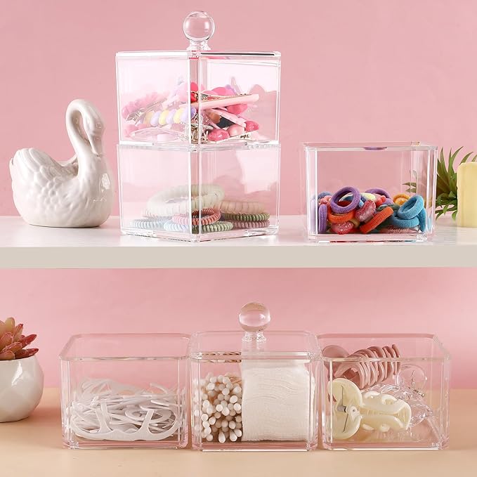 Hair Accessories Organizer for Girls, Clear 3 Stackable Acrylic Hair Tie Organizer for Headband, Bows, Cotton Swab Organization, Bathroom Containers Hair Clip Holder Storage with Lids