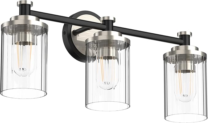 Bathroom Lighting Fixtures Black and Brushed Nickel Bathroom Vanity Light with Cylindrical Clear Stripes Glass Lampshade E26 Socket Base Bathroom Lighting Fixtures Over Mirror (3 Lights)
