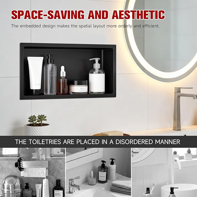 No Tile Needed Shower Niche 12"X 24", Bathroom Wall Niche Single Shelf, Stainless Steel Shower Niche for Bathroom, Kitchens, Balconies