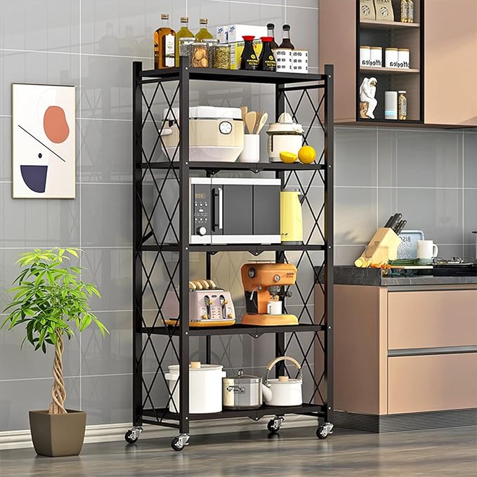 Folding Shelf Foldable Shelves with Wheels - Folding Shelves No Assembly , Collapsible Shelf Unit Display, Kitchen Organizers and Storage, Pop Up Heavy Duty Rack , 5-Tier Black 28"D x 14"W x 63"H