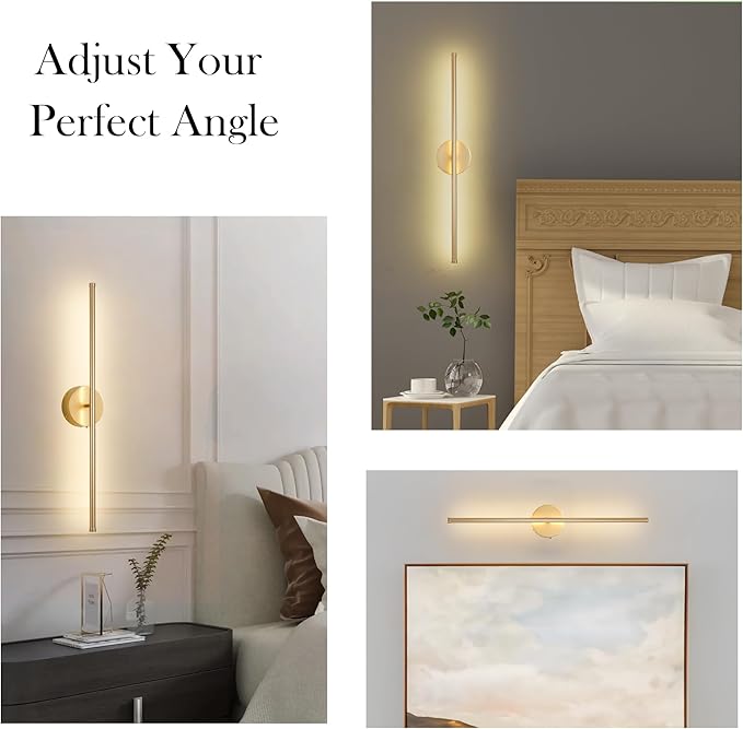 Battery Operated Wall Sconces, Dimmable Wall Sconces Set of Two, 350°Rotate, 3000K LED Gold Wireless Wall Light for Living Room, Bedroom, Hallway, 24.4 Inch (2 Pack)