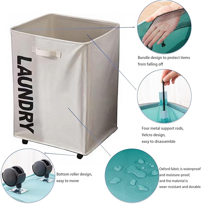 Large Laundry Baskets with Wheels, Collapsible Rolling Double Laundry Hamper, Slim Clothes Hampers for Laundry with Handles for Bedroom, Laundry Room, Closet, Bathroom, College, 85L Beige