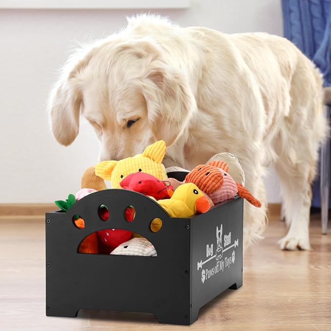 Marsui Wooden Dog Toy Bin Basket with Handle Large Dog Stuff Storage Box Cute Pet Stuff Organizer for Chew, Blankets, Leashes, Food Gift for Living Room Area(Black,13.78 Inch)