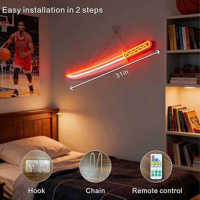 Katana Neon Sign, Light Up Katana LED Sword, Wireless Operated Light Up Sword with Remote, 2-in-1 LED Signs for Wall Decor, Gamer Room Decor for Boys Man Cave Decor, Perfect Teenage Boy Gifts Halloween Christmas Gifts