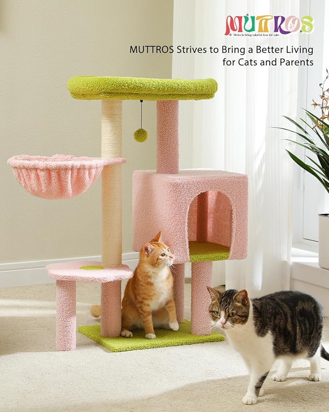 Flower Pink Cat Tree, 35.4" Cute Cat Tower Condo for Indoor Cats w/Large Padded Perch, Cat Scratching Post, Comfy Hammock, and Dangling Ball, for Small-Medium Cats