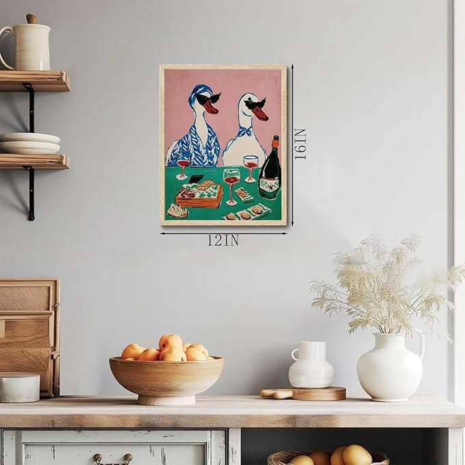 XJYISUO Framed Wall Art Duck Wall Decor Animal Canvas Art Wine Party Pictures Retro Paintings Funny Artwork For Kitchen Dining Room Bar
