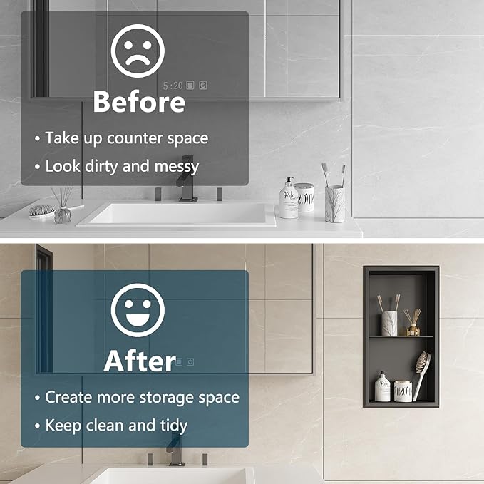 Shower Niche, 12" x 24" Black Stainless Steel Niches No Tile Needed, Two-Tier Wall Niches, Recessed Shower Shelf, Bathroom Niche for Storage