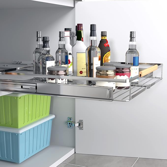 2Pack Expandable Pull Out Cabinet Organizer,12.2~17.9" W x 22.5" D Heavy Duty Slide Out Shelves Adjustable Height Cabinet Pull Out Shelves,Expandable Width Spice Rack Organizer for Kitchen