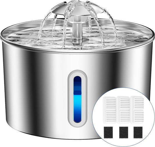 Cat Water Fountain Stainless Steel - 74oz/2.2L Pet Gift Dog Water Dispenser Automatic Silent Cats Dispenser for Drinking Indoor Metal Kitty Spout Fountains with 3 Filters & 3 Sponges Cat Dogs Gifts