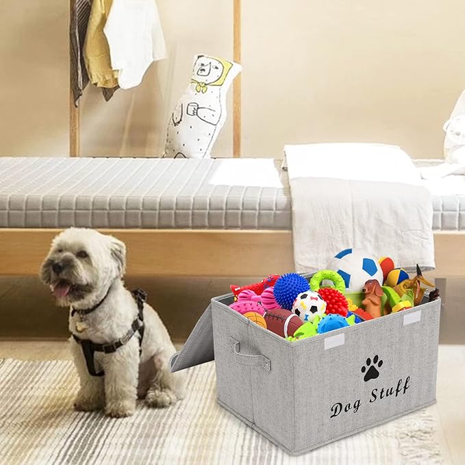 Geyecete Large Storage Boxes - Large Linen Fabric Foldable Storage Cubes Bin Box Containers with Lid and Handles for Dog Apparel & Accessories, Dog Toys, (Striped Gray)