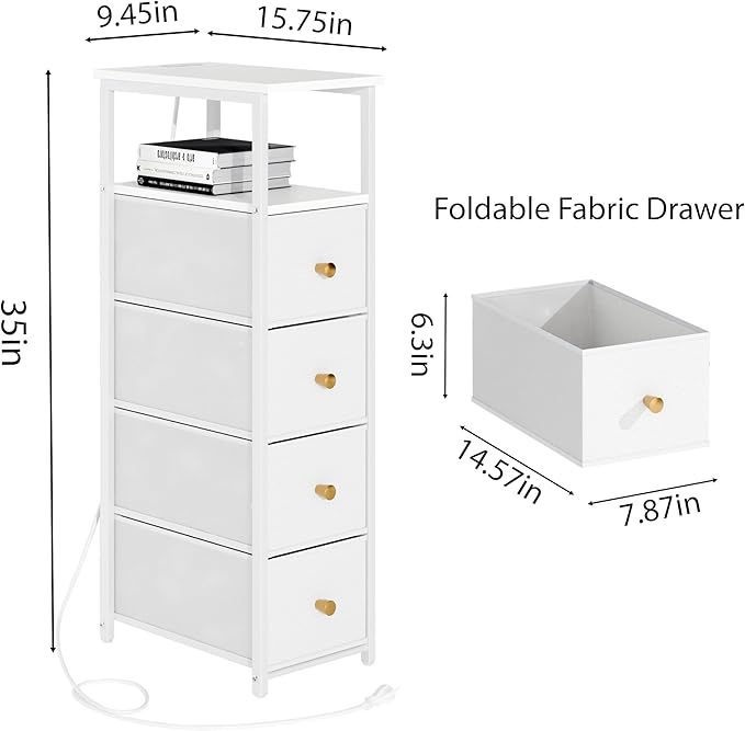 Narrow Storage Cabinet for Small Spaces Slim Bathroom Dresser with Drawers Tall Thin Storage Organizer for Bathroom Bedroom Skinny Cabinet(White, 4 Drawers with Charging Station)