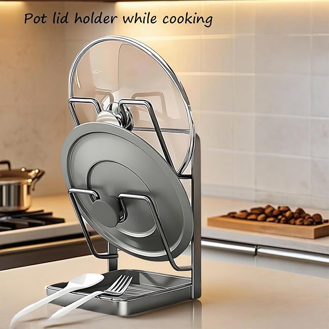 Kitchen Pot Lid Storage Rack, Stainless Steel Pot Lid Holder While Cooking for Countertop, Multifunctional Pots Lids Organizer Rack with Removable Drip Tray for Spatulas, Ladles & Large Lids (Gray1)
