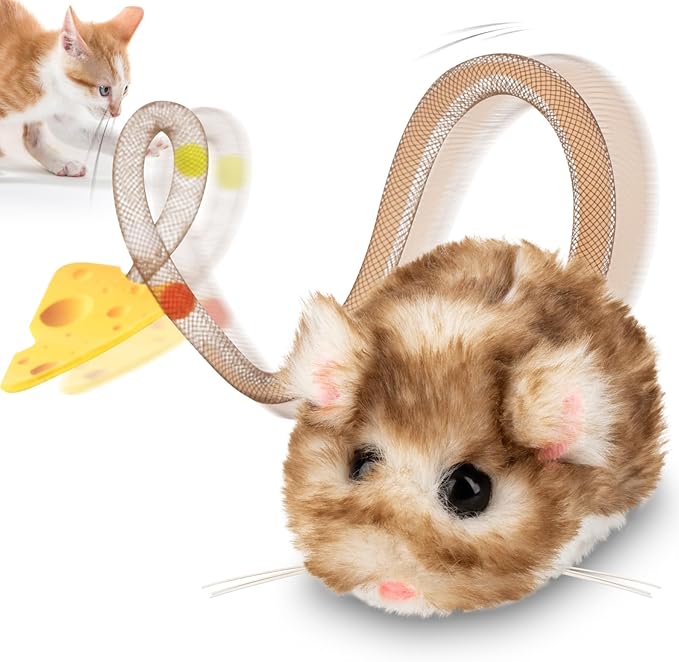 Migipaws Interactive MigiMouse Cat Toy 360° Rolling & Spin with Mesh Plastic Tail for Indoor Cats Smart Motion Sensor, Realistic Squeak, Rechargeable Plush Kitten Toy(Brown Long)