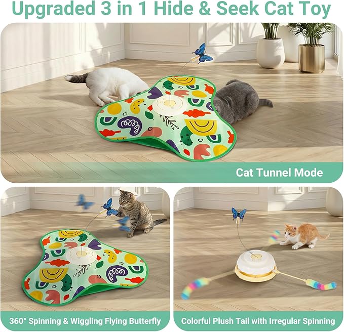 Interactive Cat Toy for Indoor Cats, Rechargeable Touch Activated Kitten Toy with Dual Motion Butterfly & Feather Tail, 3 Speed Automatic Smart Play for Exercise & Boredom Relief