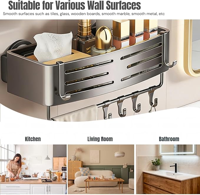 3Pcs Corner Shower Shelf Caddy Suction Cup, No Drill Hole with Towel Bar and Hook, Gray Bathroom Storage Rack, Zero Drill Square Shelves, Store Toiletries and Bath Towel for Bathroom Kitchen RV
