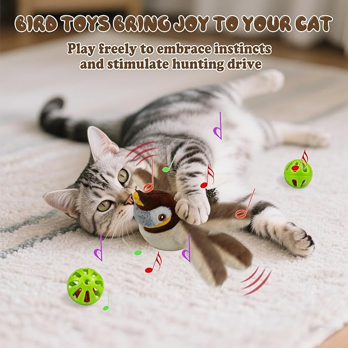 SZMDLX Rechargeable Flapping Sparrow Bird Cat Play Toy with Chirping Sound, Touch Activated Interactive Catnip Kicker, No Flying, Exercise Toy for Kittens, Cats, Small Dogs