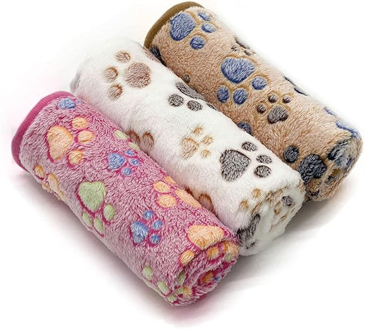 SORKUT 1 Pack 3 Puppy Dog Blankets Super Soft Warm Sleep Mat Fluffy Premium Fleece Pet Blanket Flannel Throw for Dog Puppy Cat - Paw Print Beige/Pink/Brown Medium (29"x20")