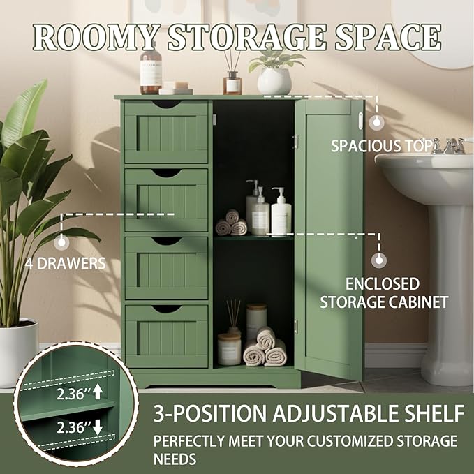 Karl home Freestanding Bathroom Floor Cabinet, Narrow Slim Skinny Storage Unit with 4 Drawers & 1 Cupboard, Towel Organizer for Bathroom, Compact Bath Storage, Forest Green