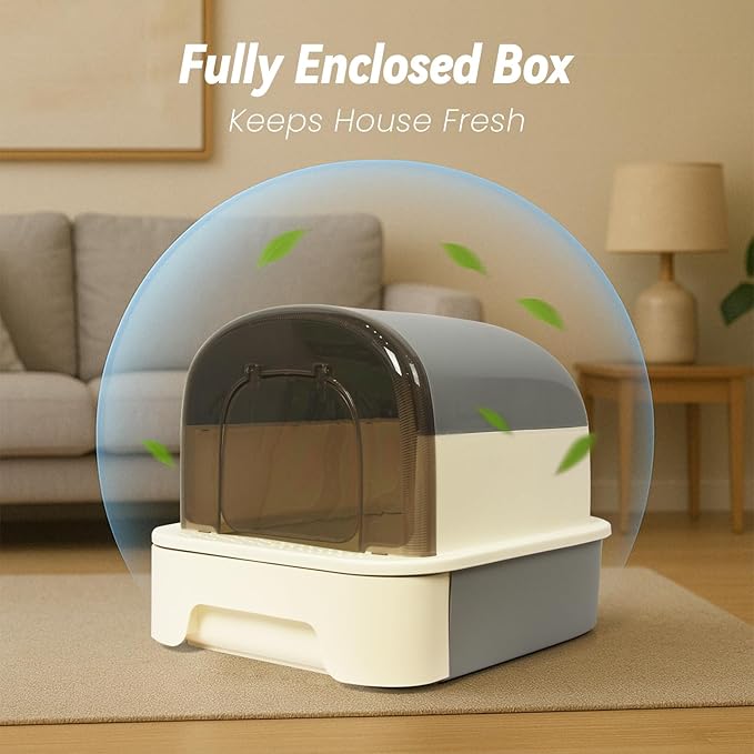 Enclosed Litter Box with Front Door Flap and Scoop, Covered Kitty Litter Box with Handle and Buckles for Portability and Privacy (Misty Gray)